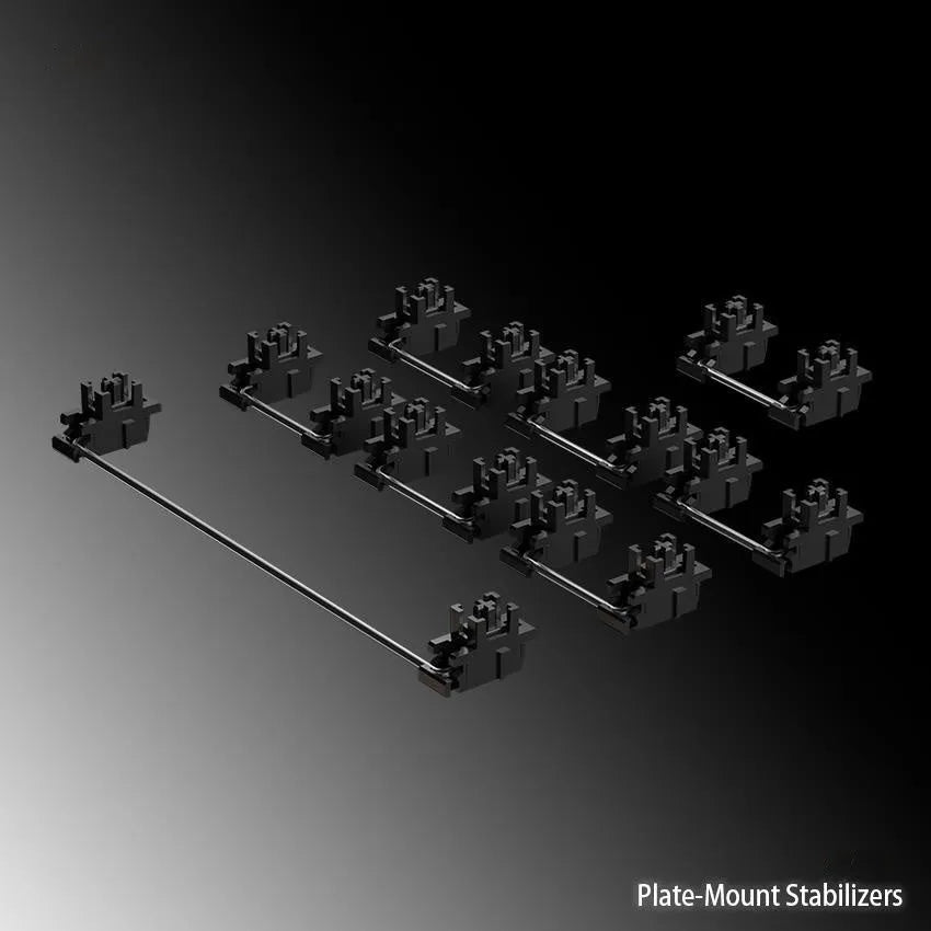 Mechanical keyboard stabiliser kit showing black and milky white stabiliser components with 6.25U and 7U satellite axes