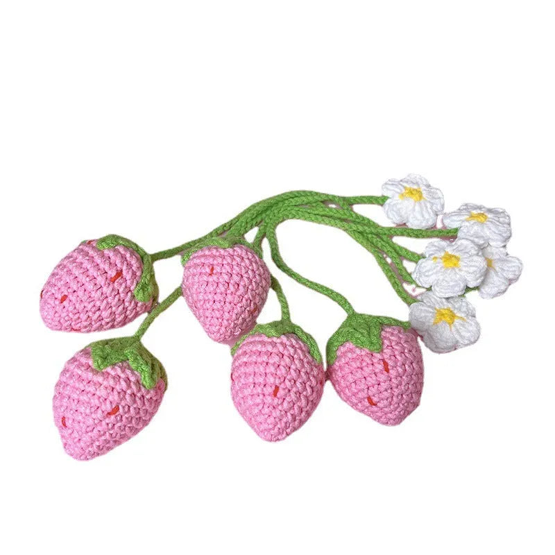 Handmade wool crochet strawberry pendant with 35cm cord in red or pink colour options