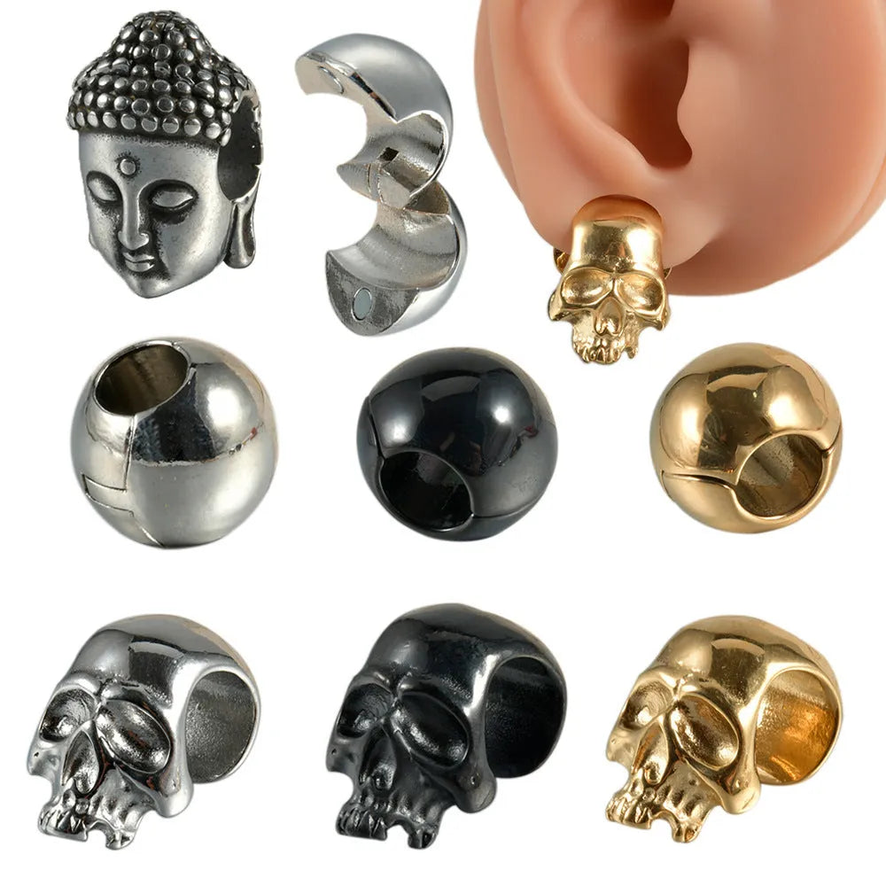 Stainless steel hollow skull Buddha earrings with electroplated colour finishes