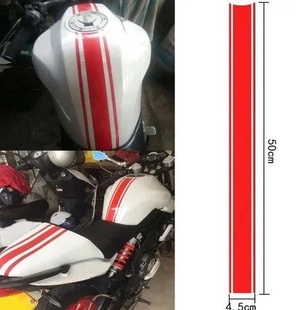 Long black reflective pinstripe motorcycle sticker for gas tank lid customisation.