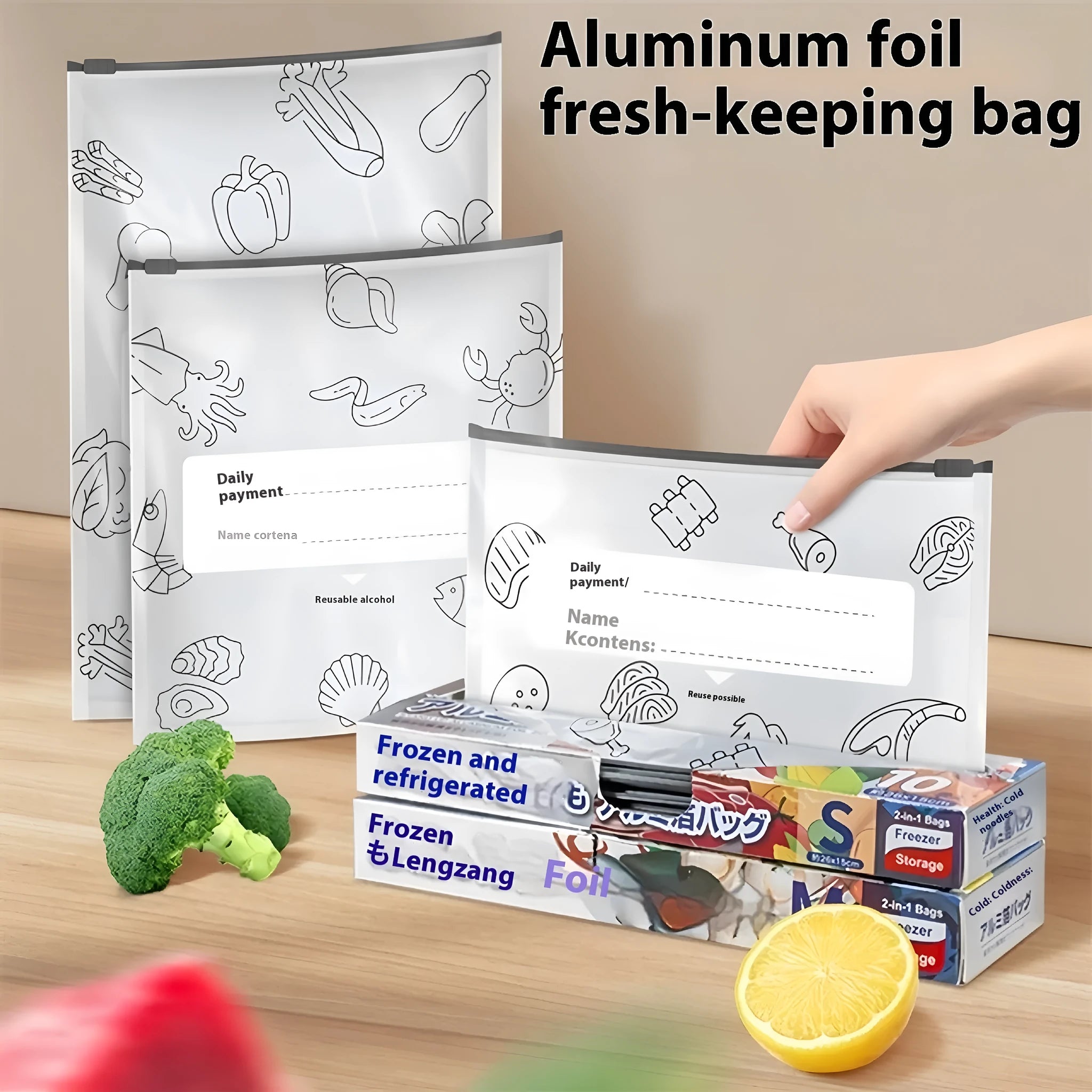 Aluminium foil sealed food storage bag in three sizes with heat resistance from -60 to 100 degrees Celsius