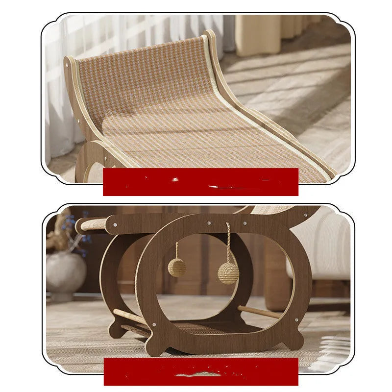 Solid wood cat bed with woven sisal scratching surface in wood colour finish
