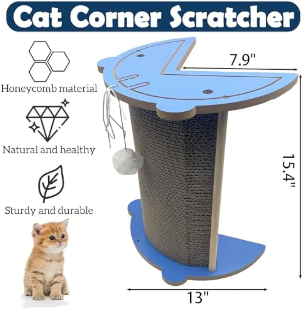 Corner-mounted cat scratching pad with hanging ball toy in grey cardboard