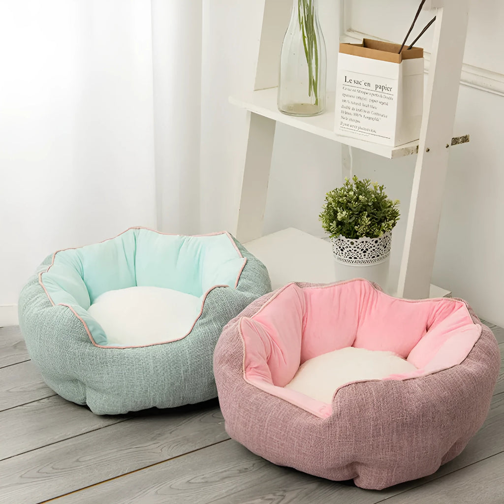 Blue octagonal pet bed with raised sides and removable mats for cats and small dogs