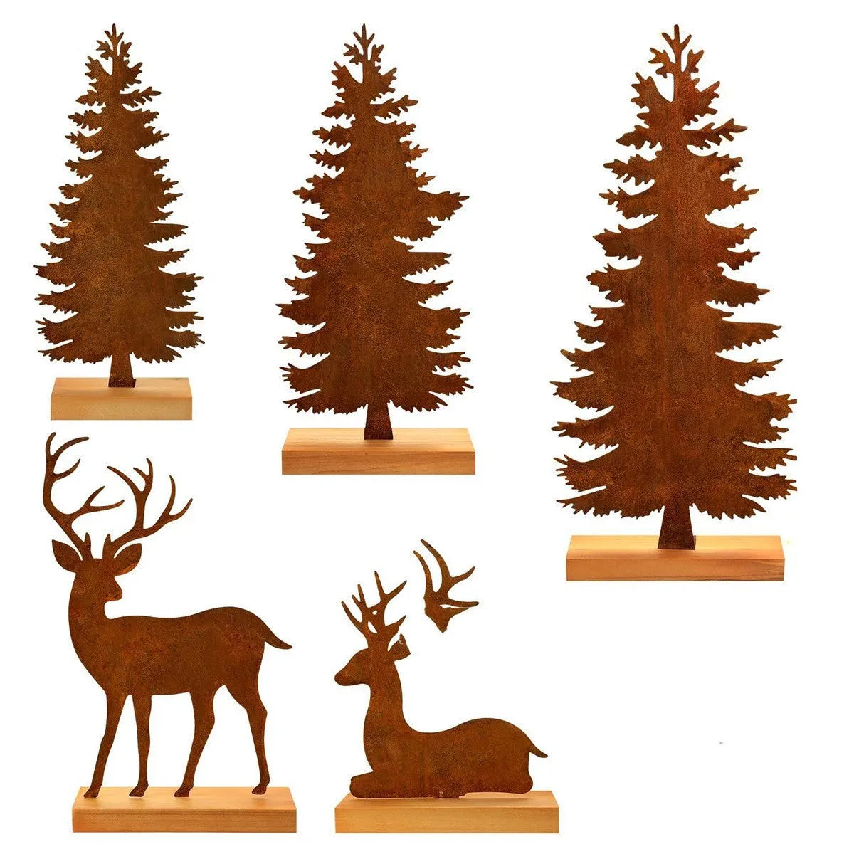 Set of three rusty metal Christmas tree decorations with elk silhouettes on a rustic surface.