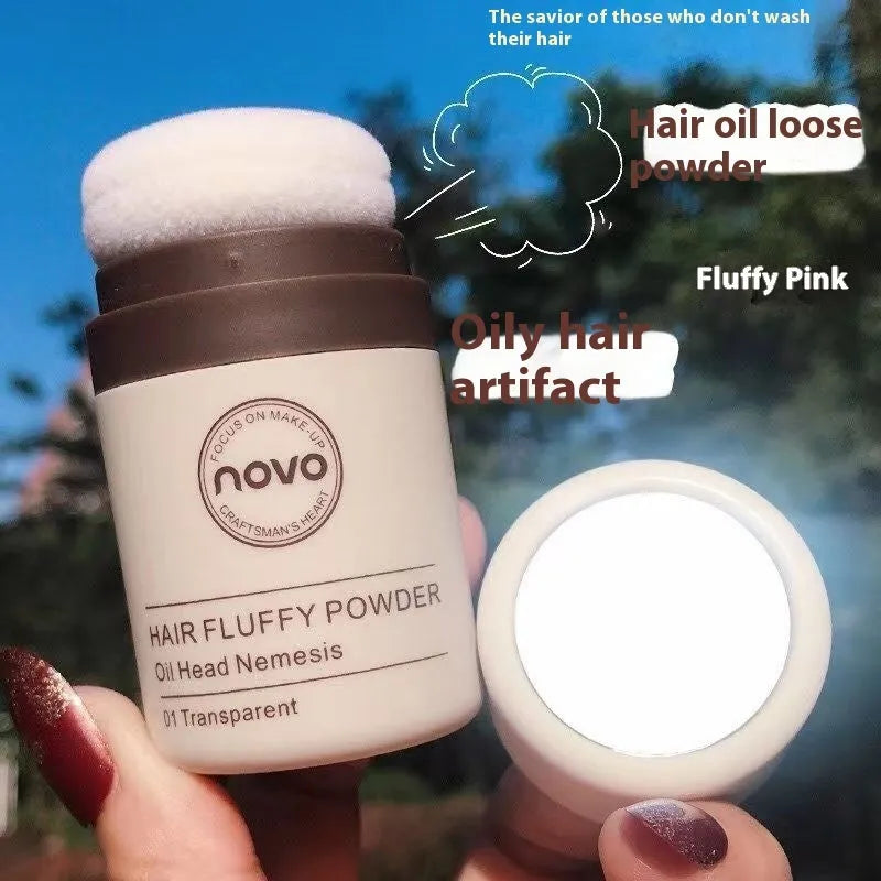 Compact of oil control face powder for bangs and hairline in natural, brown, or dark brown shades.