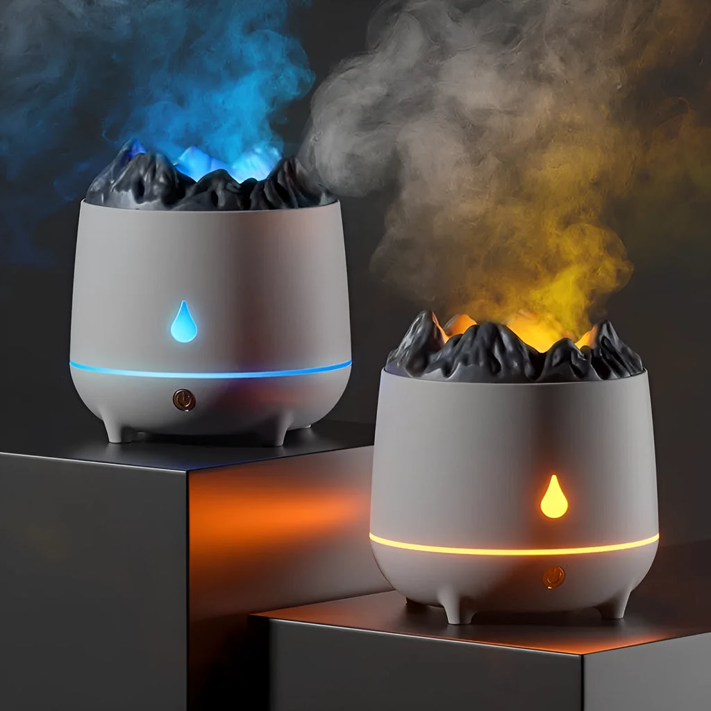 White volcano-shaped ultrasonic humidifier and aromatherapy diffuser with USB cable.