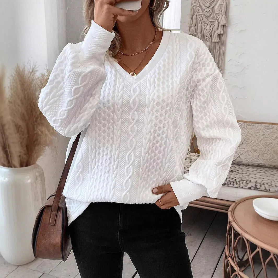 Milky white loose fit long sleeve T-shirt with 3D pattern design in polyester fabric