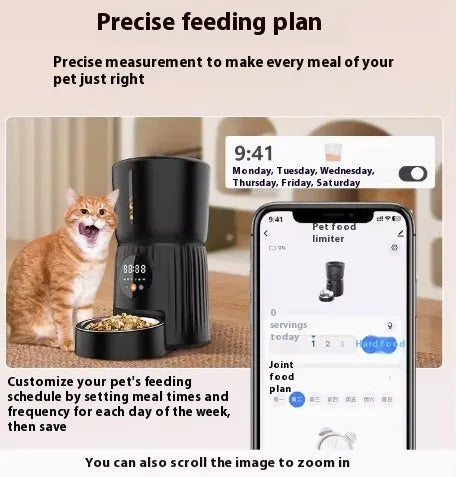 Intelligent automatic pet feeder with smartphone app remote control in black or white