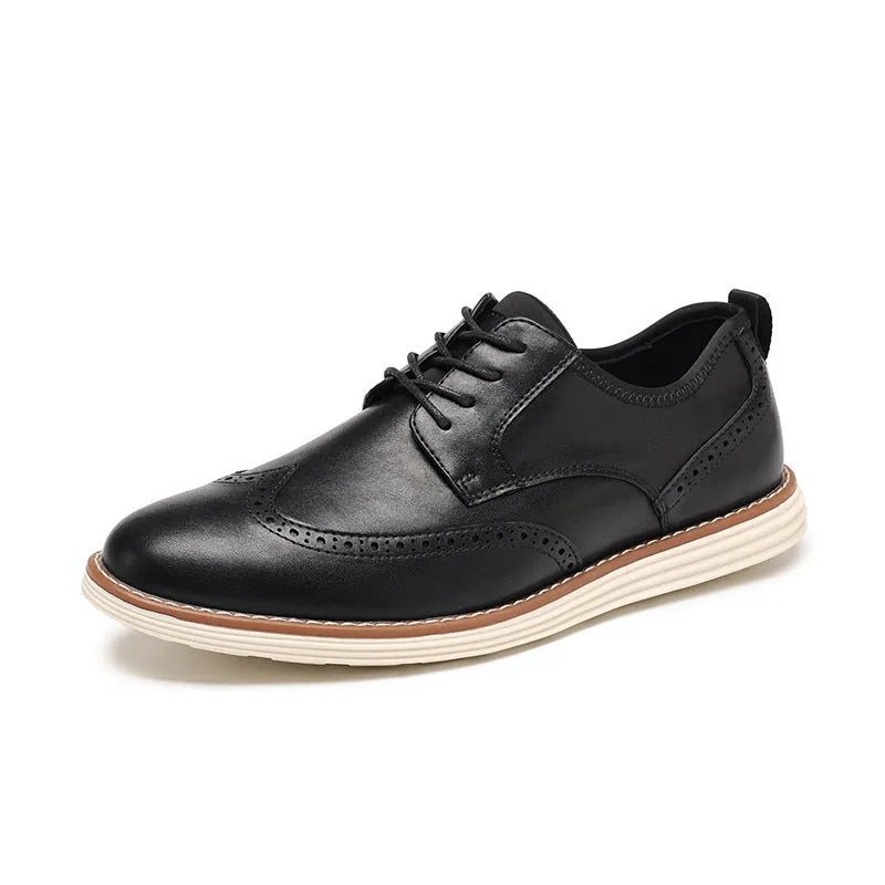 Men's black and brown slip-on business casual shoes with round toe and low top.