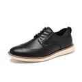 Men's black and brown slip-on business casual shoes with round toe and low top.