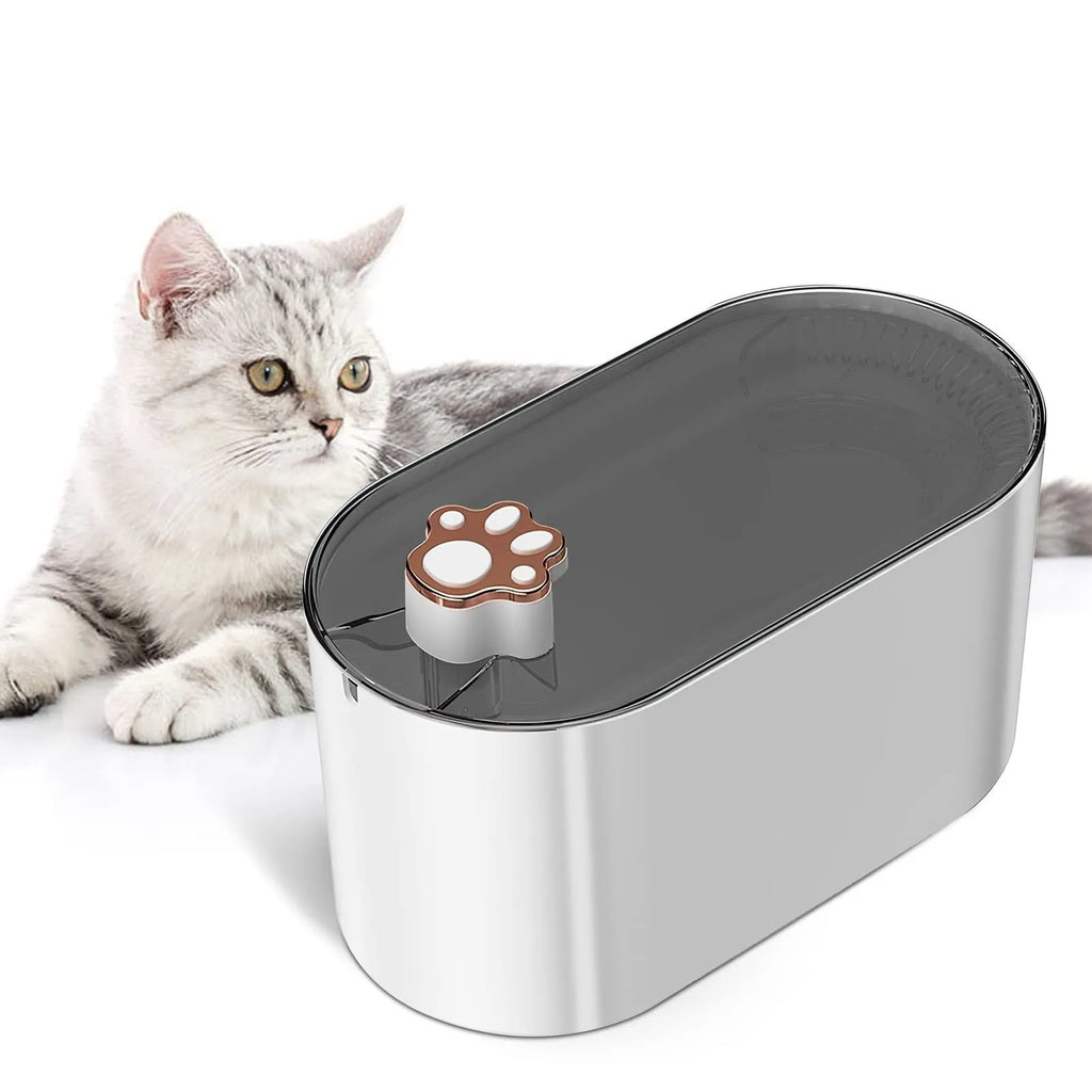 Blue automatic pet water fountain with filter on a floor next to a cat