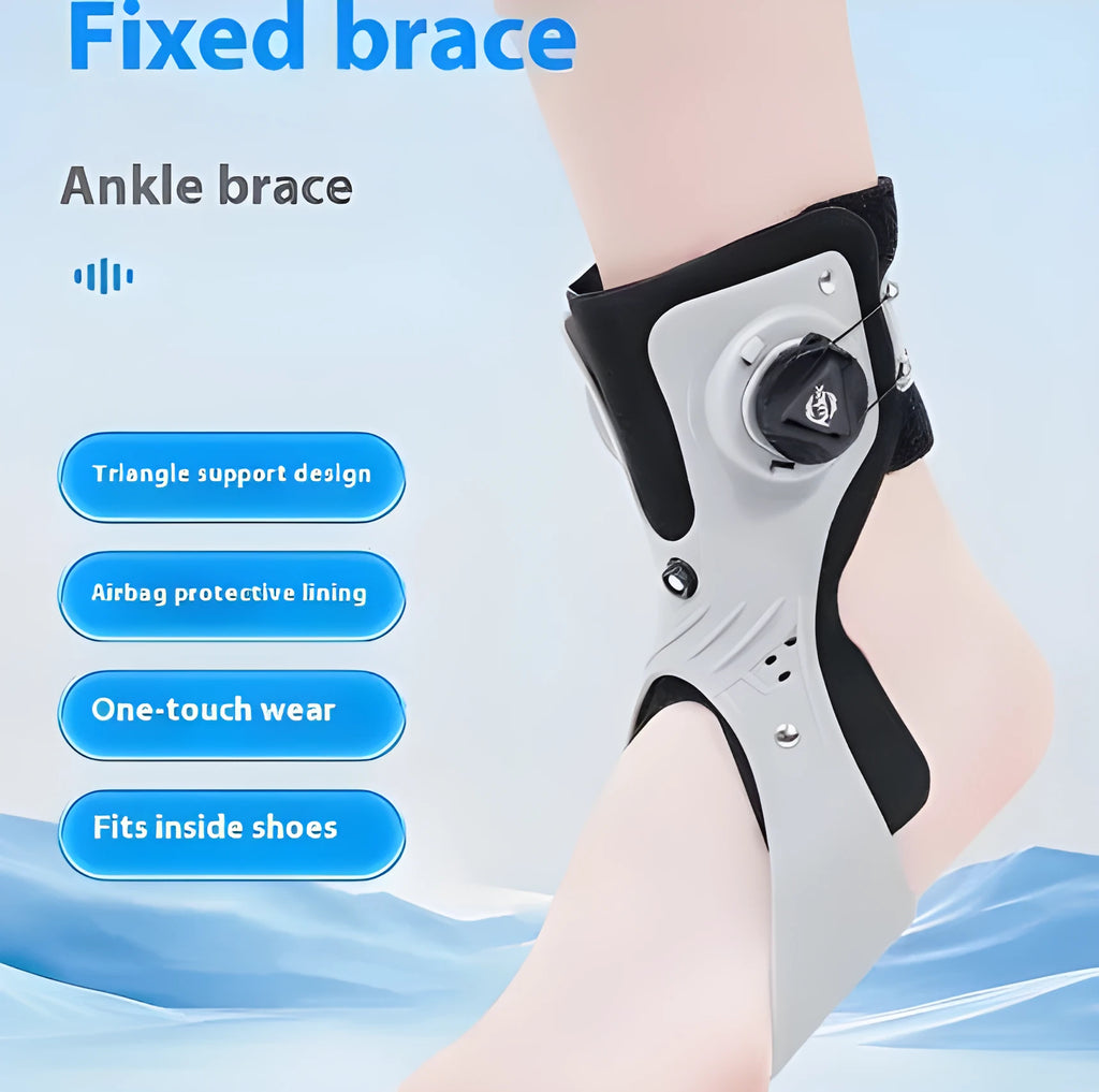 Grey ankle support brace with an airbag button shown on a left foot.