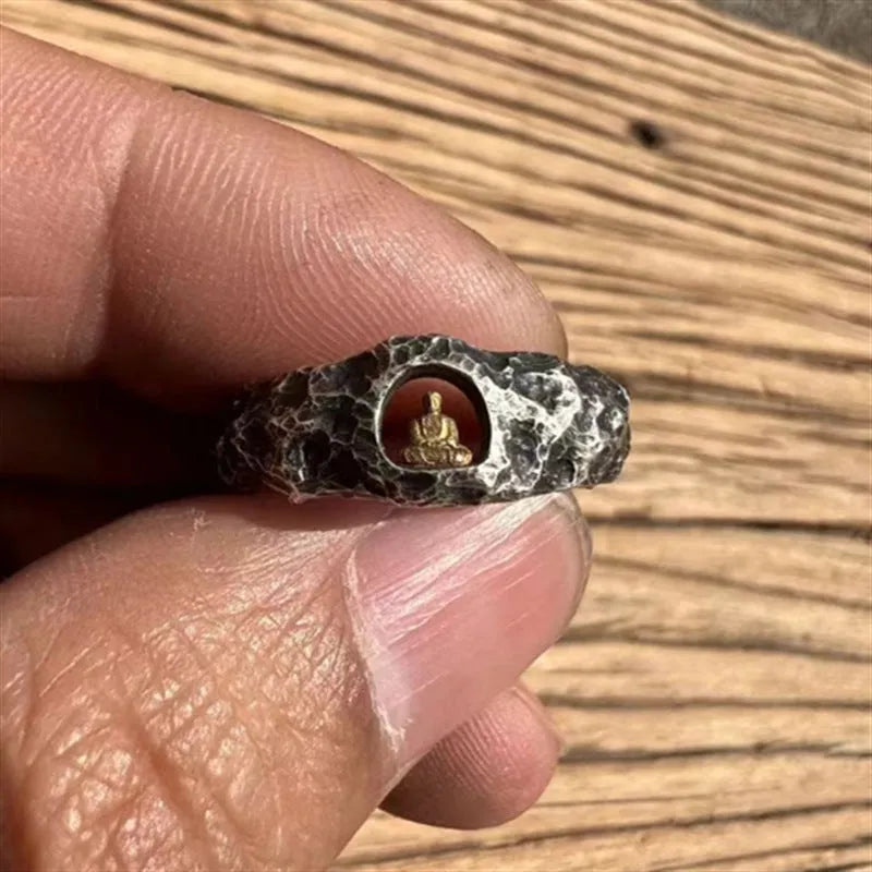 Copper Grotto Buddha ring with rock texture finish, hand-forged construction, size 8 measurement