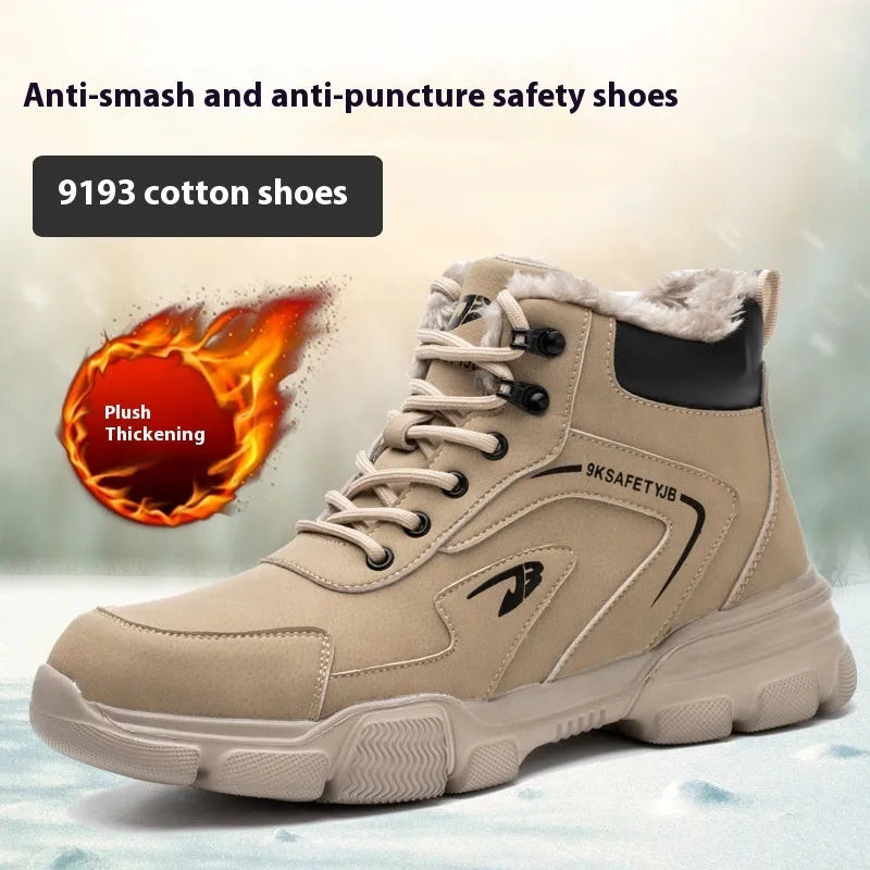 Brown anti-smashing puncture protection work shoes with leather upper and rubber sole