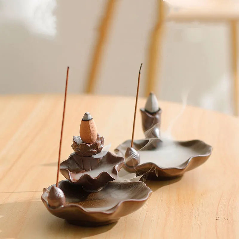 Ceramic reverse flow incense burner with square base, lotus and plum blossom patterns in new Chinese style