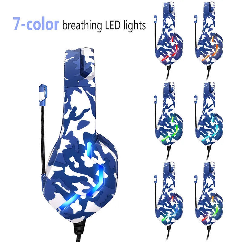 Eat Chicken wired gaming headset in camouflage blue with cloth earmuffs and braided cable