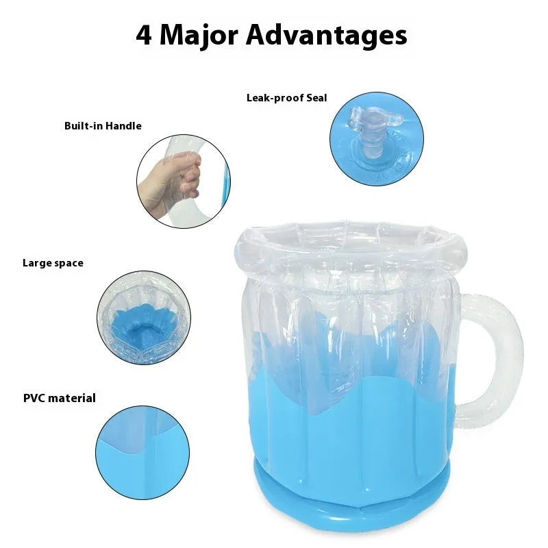 Yellow inflatable PVC ice bucket for drinks, shown deflated and inflated.