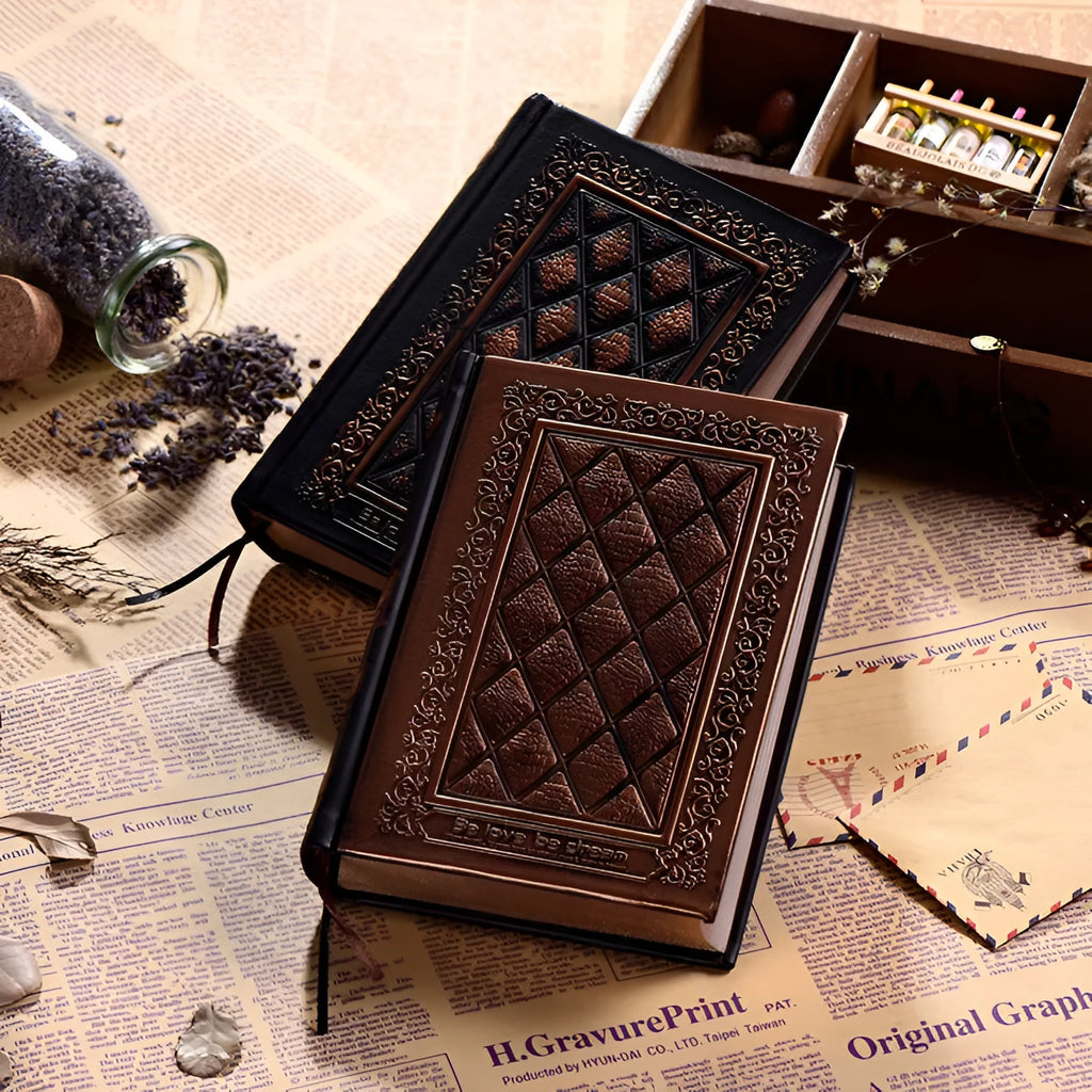 Embossed faux leather notepad with textured cover in bronze colour showing 120 thick sheets
