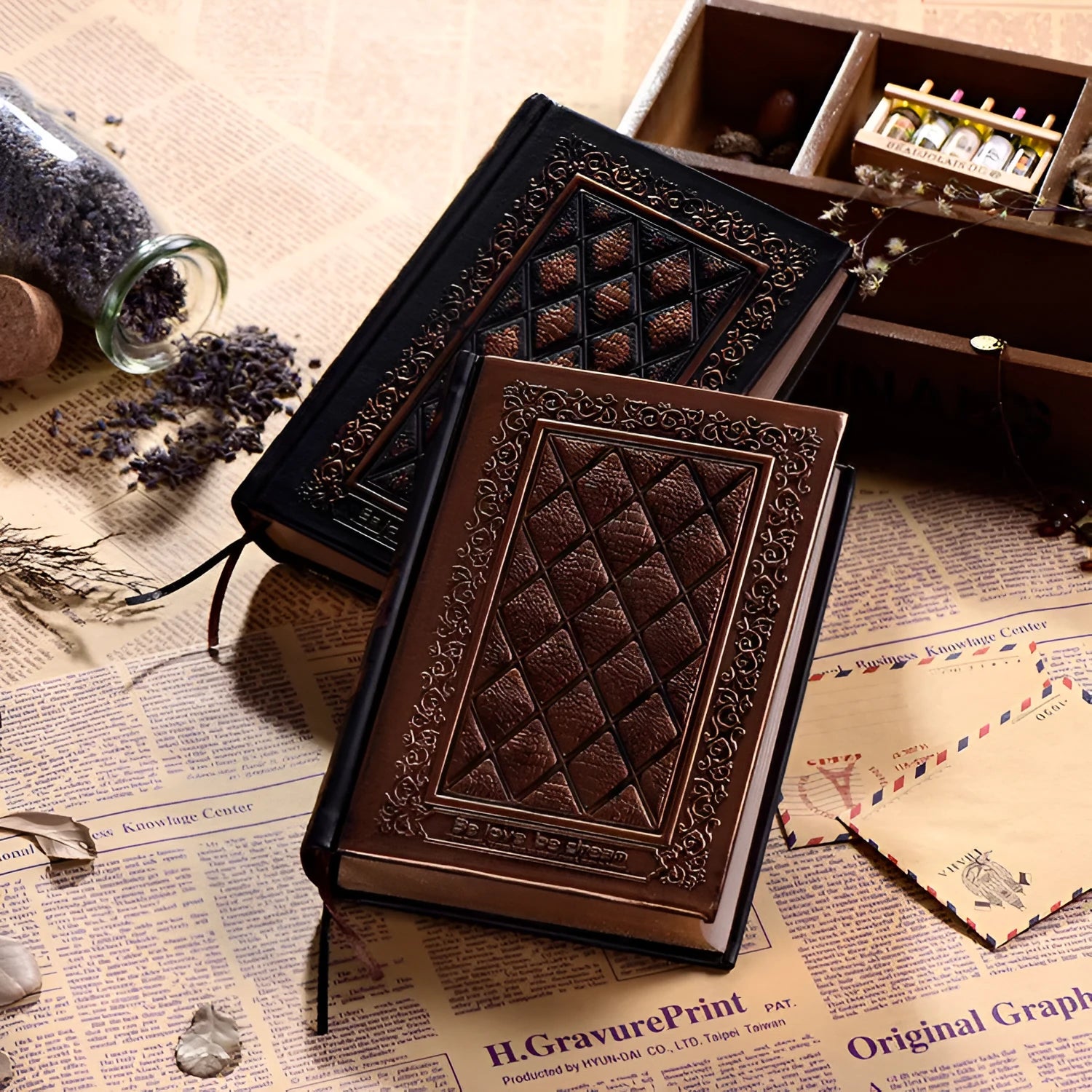Embossed faux leather notepad with textured cover in bronze colour showing 120 thick sheets