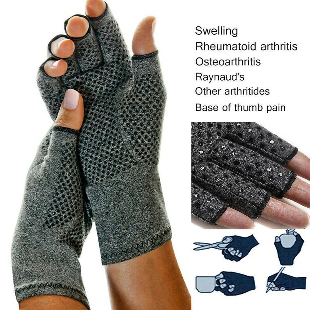 Grey half-finger compression gloves for hand pain relief, shown in a dispensing style