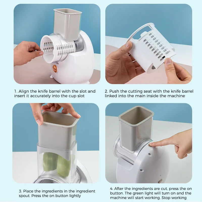 White electric vegetable slicer with rotary grater, suction base, and interchangeable blades