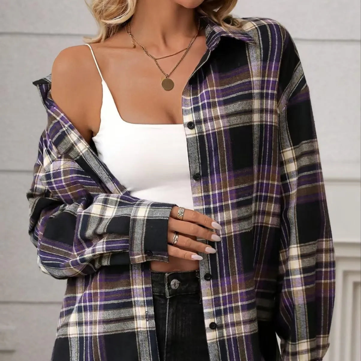 Women's loose retro plaid cotton shirt in black, green, or purple with long sleeves