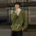 Army green men's V-neck knitted cardigan with long sleeves on a hanger
