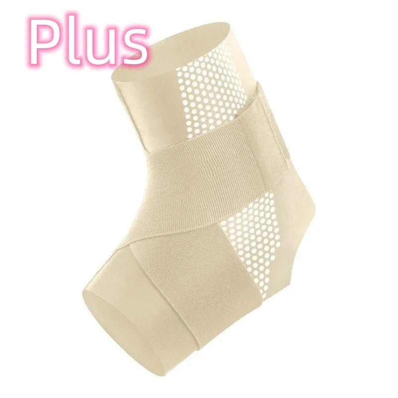 Black Lycra ankle support brace wrapped around an adult ankle.