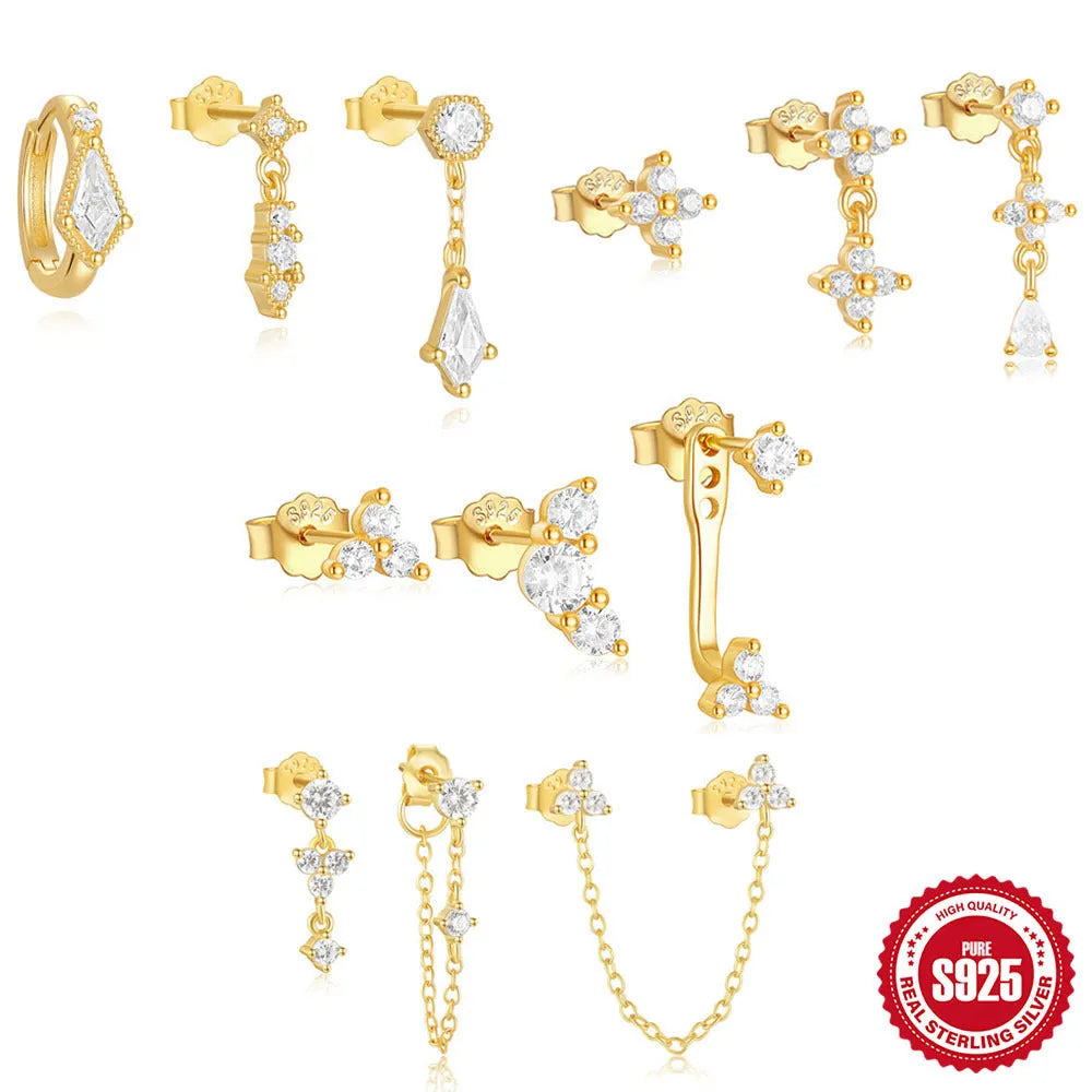 S925 sterling silver geometric zircon tassel earrings set with three pieces
