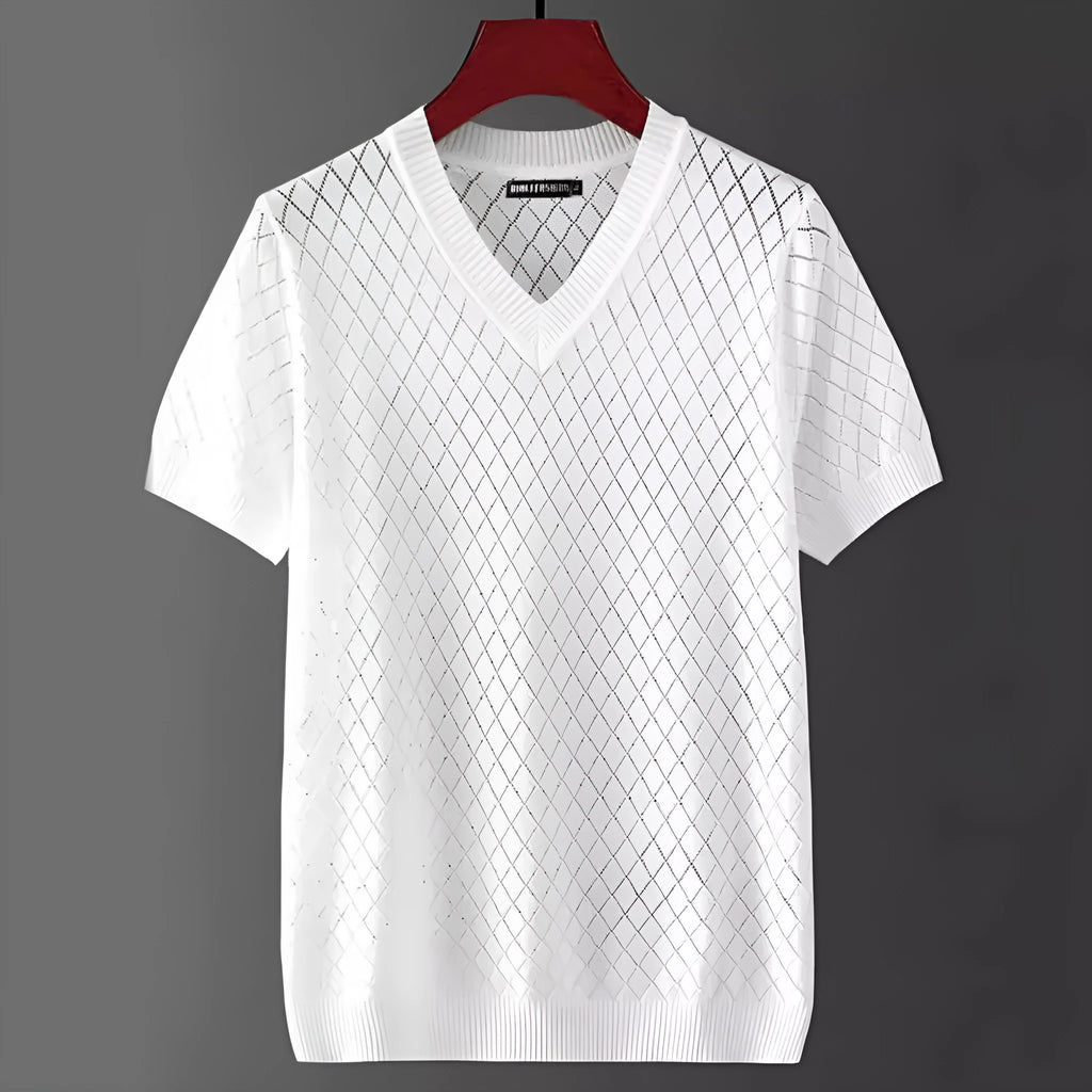 Men's ice silk V-neck t-shirt in black and white colour options with Korean-style design