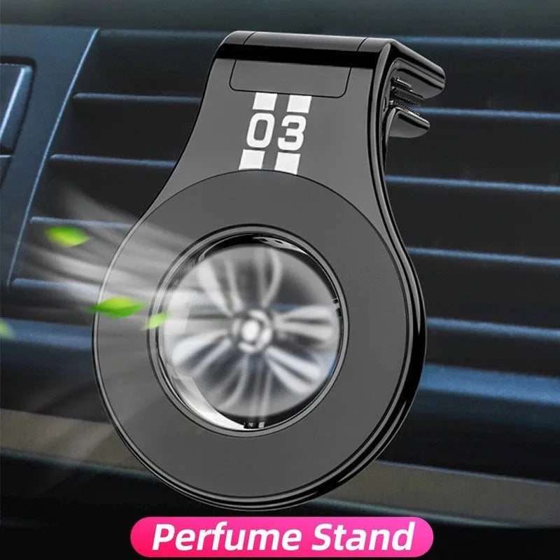 Magnetic car phone holder mounted on car air vent with smartphone attached and adjustable angle bracket