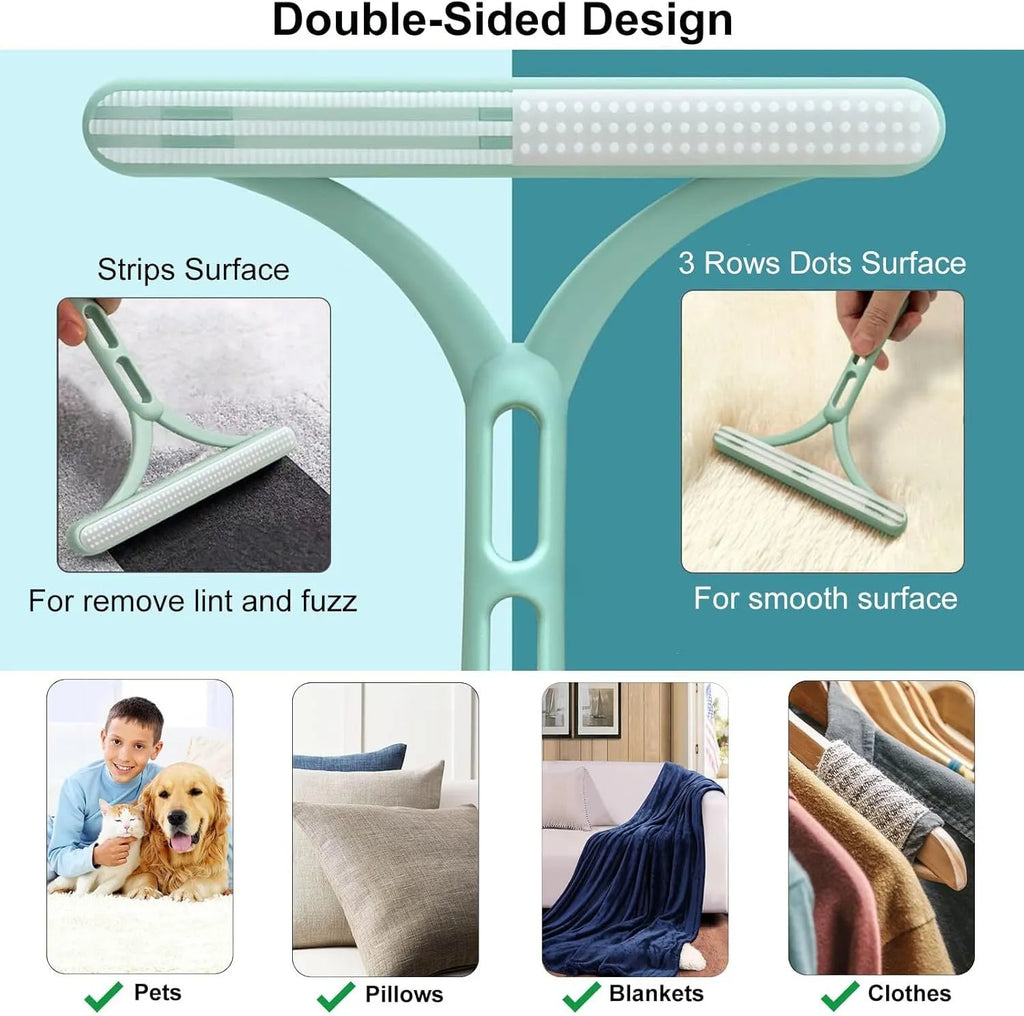 Green 3-piece pet hair remover set with metal scraper, silicone brush, and round plastic cleaner.