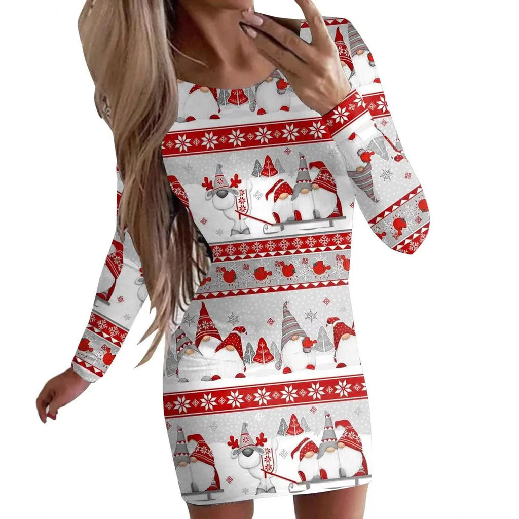 Long sleeve tight-fitting dress with animal pattern print, shown in one of ten floral colour options.