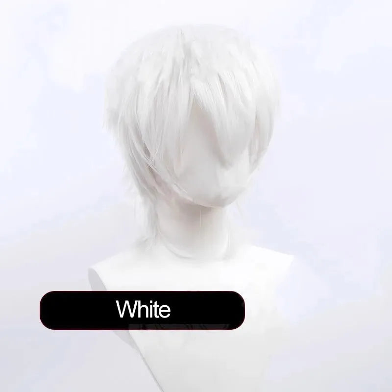 Short anime-style cosplay wig with a lengthened hair tail on a display stand.