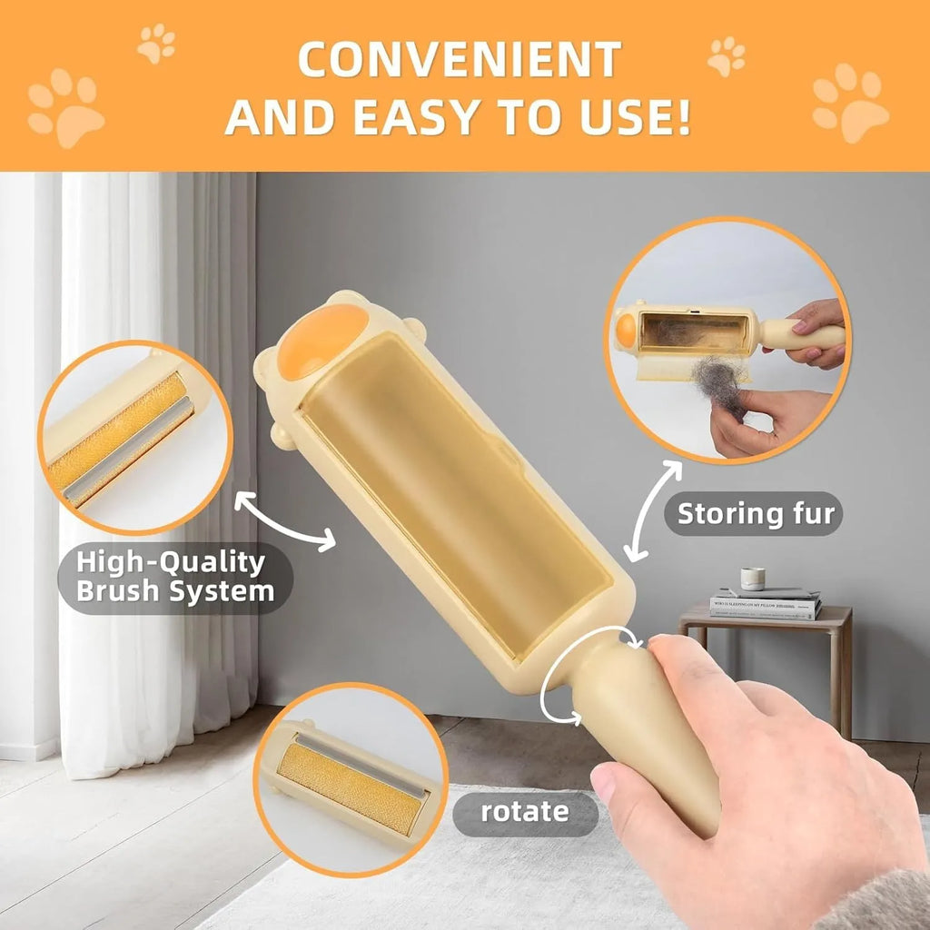 Blue reusable pet hair remover tool with a roller and self-cleaning base.