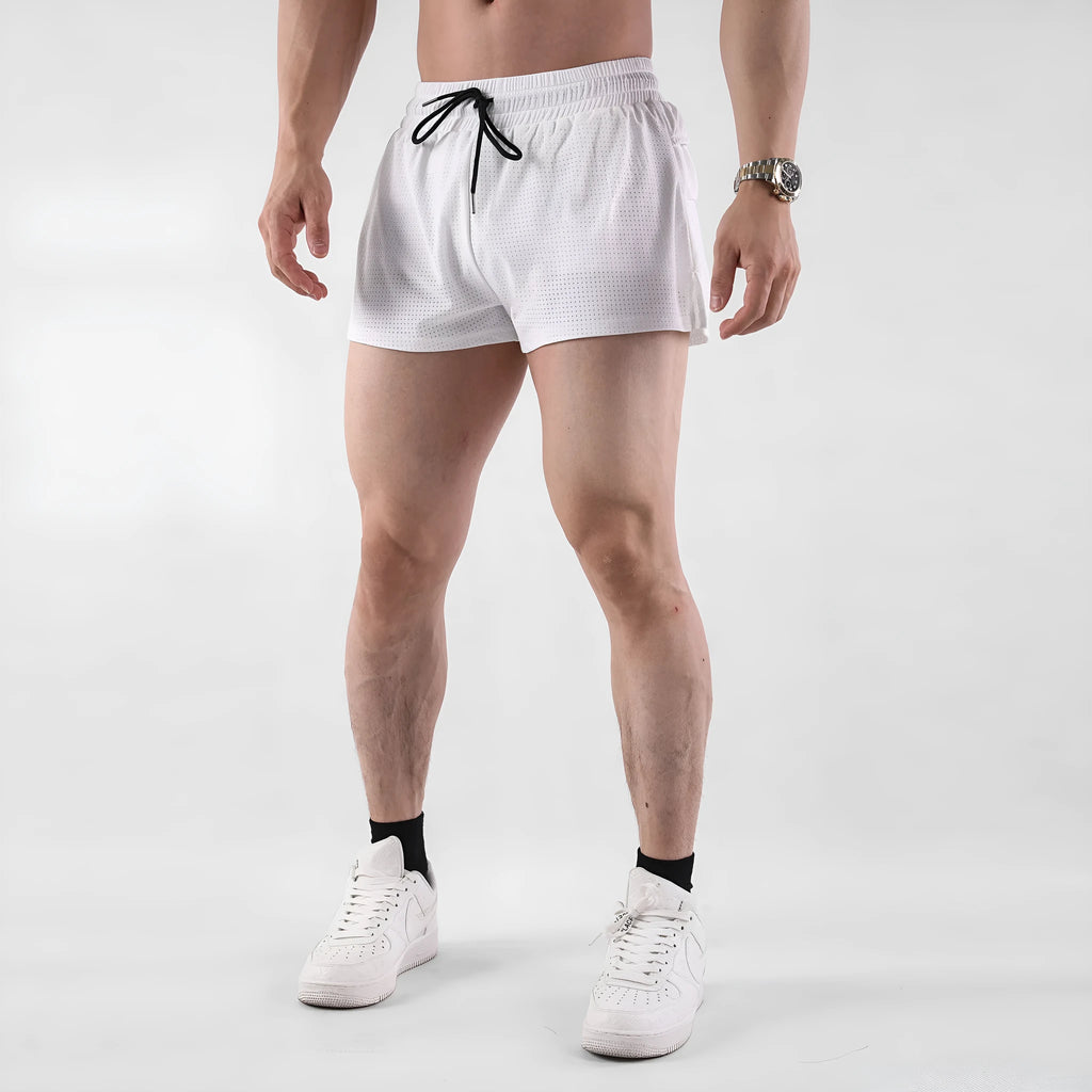 Men's summer quick-dry nylon shorts in white and black with elasticated waistband