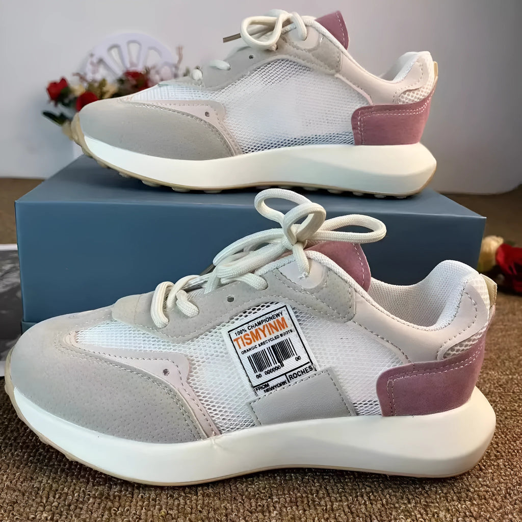 Women's grey and pink retro sneakers with rubber soles and mesh lining in low-top design