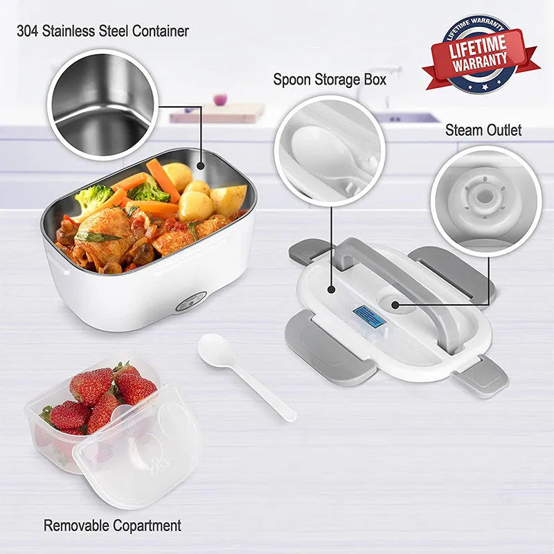Grey electric heating lunch box with stainless steel inner tank and dual power cord for car and home use