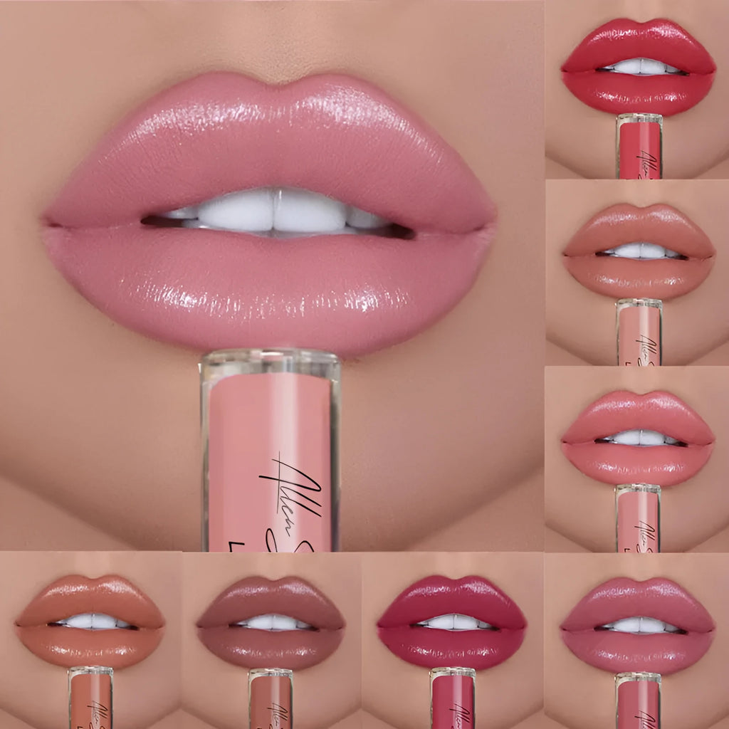 Silky cream texture lip gloss tube in one of 12 available colours, mineral-based lip glaze.