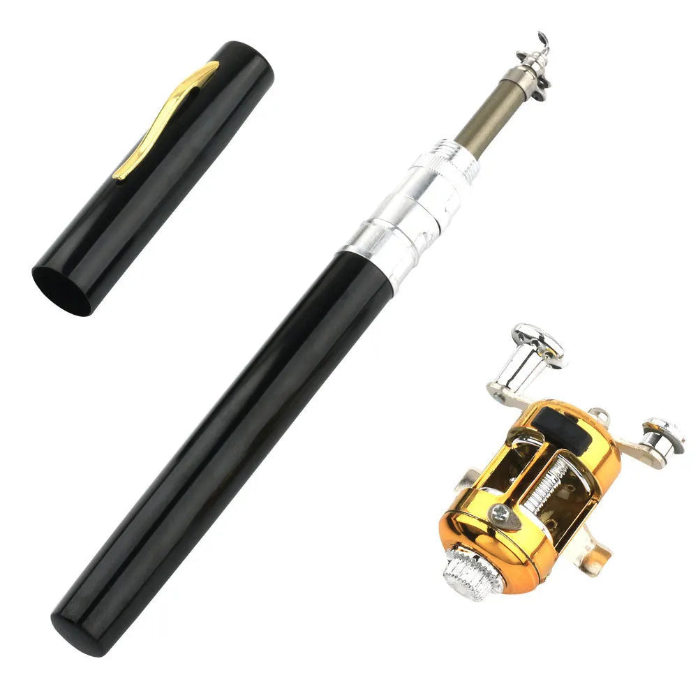 Telescopic pocket fishing rod and reel kit showing extended 1m rod and compact aluminium storage case