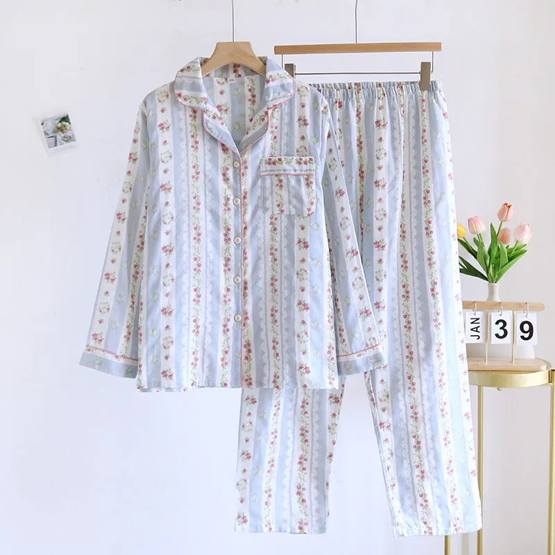 Women's cotton gauze lounge set with long sleeves and trousers in stripe or fruit print patterns