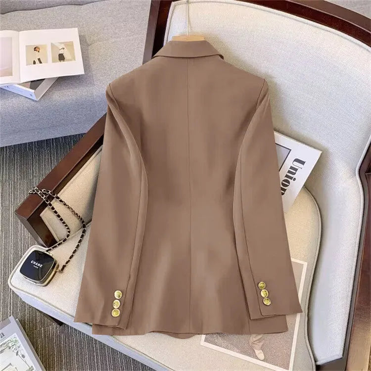 Women's loose-fit polyester blouse in khaki colour on a hanger