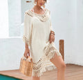 Apricot crocheted patchwork women's dress with half sleeves and a mid-length skirt.