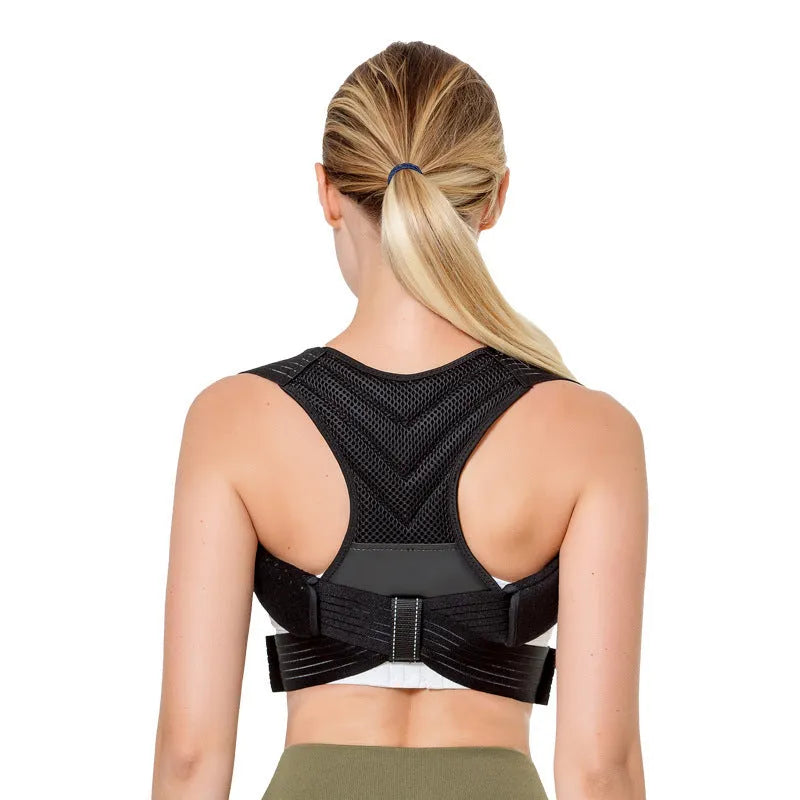 Black adjustable anti-humpback posture correction belt showing shoulder straps and upper back support design