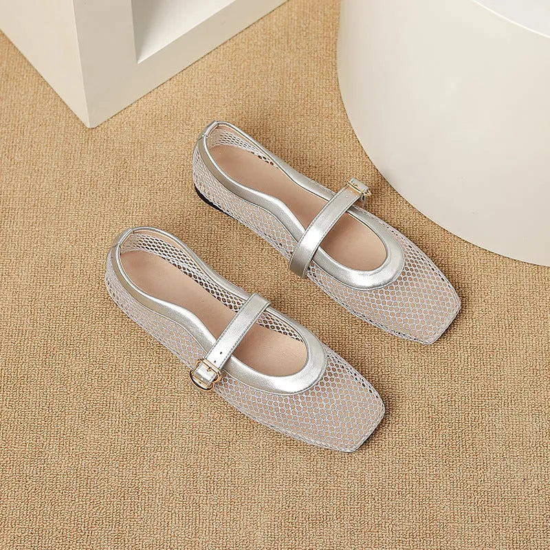 Women's breathable mesh summer shoe in a solid colour with square toe and adjustable buckle.
