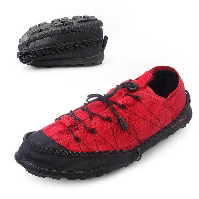 Portable folding outdoor hiking shoes in orange with side zipper and mesh upper