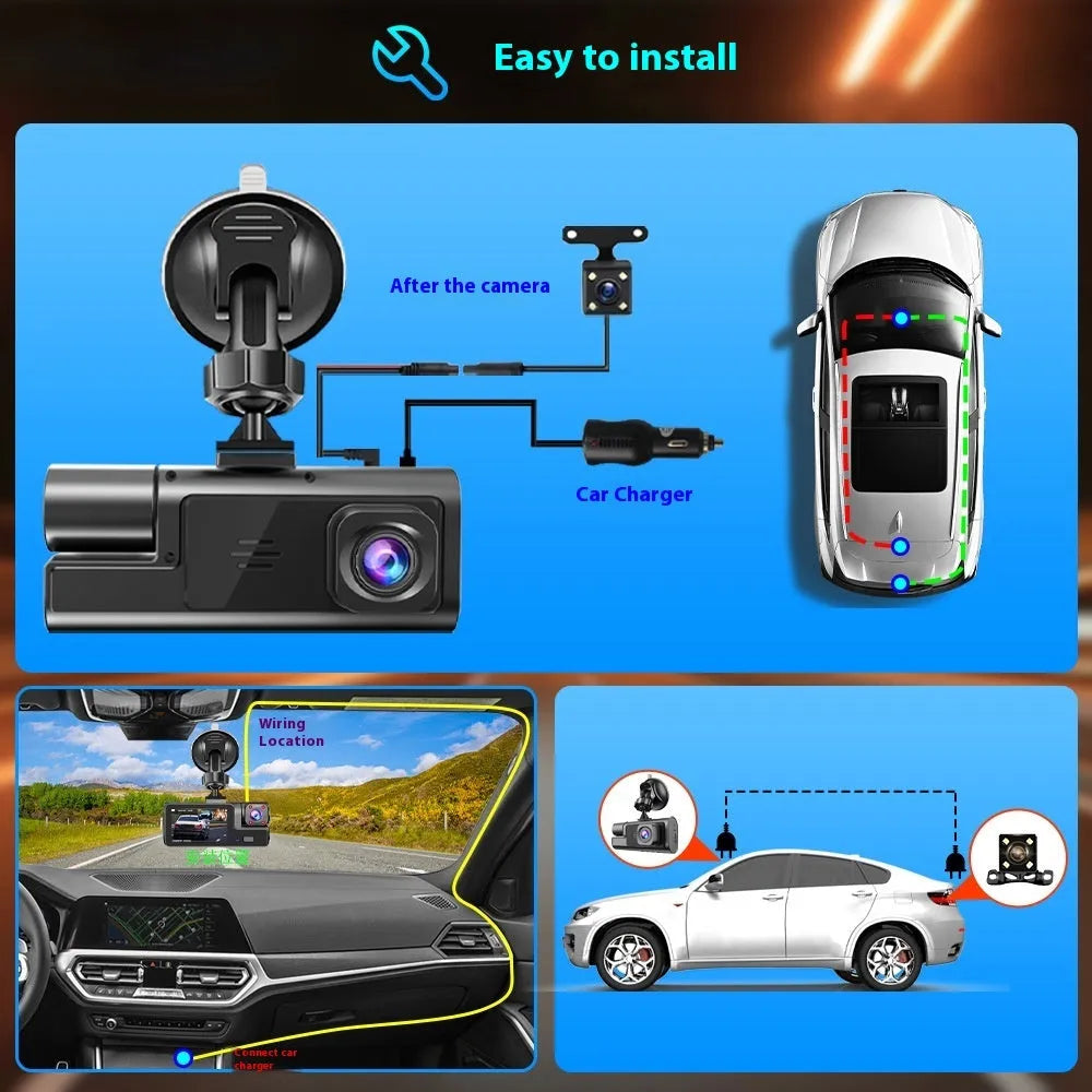 WiFi car driving recorder on a windscreen with a 2-inch screen showing a rearview camera image.