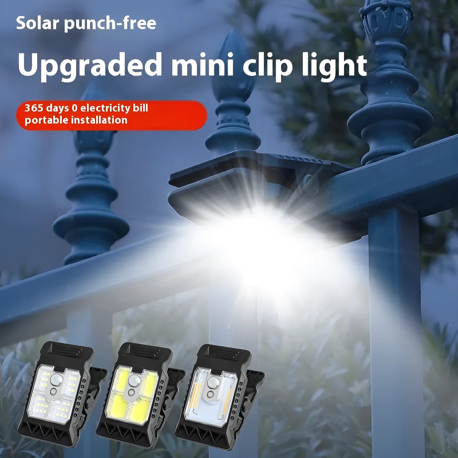 Black clip-on human body induction lamp with IP65 rating and three brightness settings
