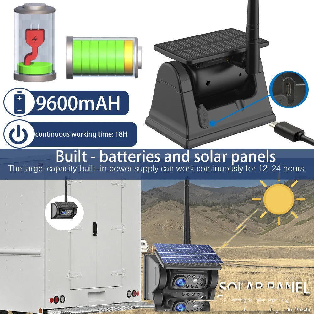 Solar-powered wireless reversing camera system with magnetic mount showing aluminium alloy construction